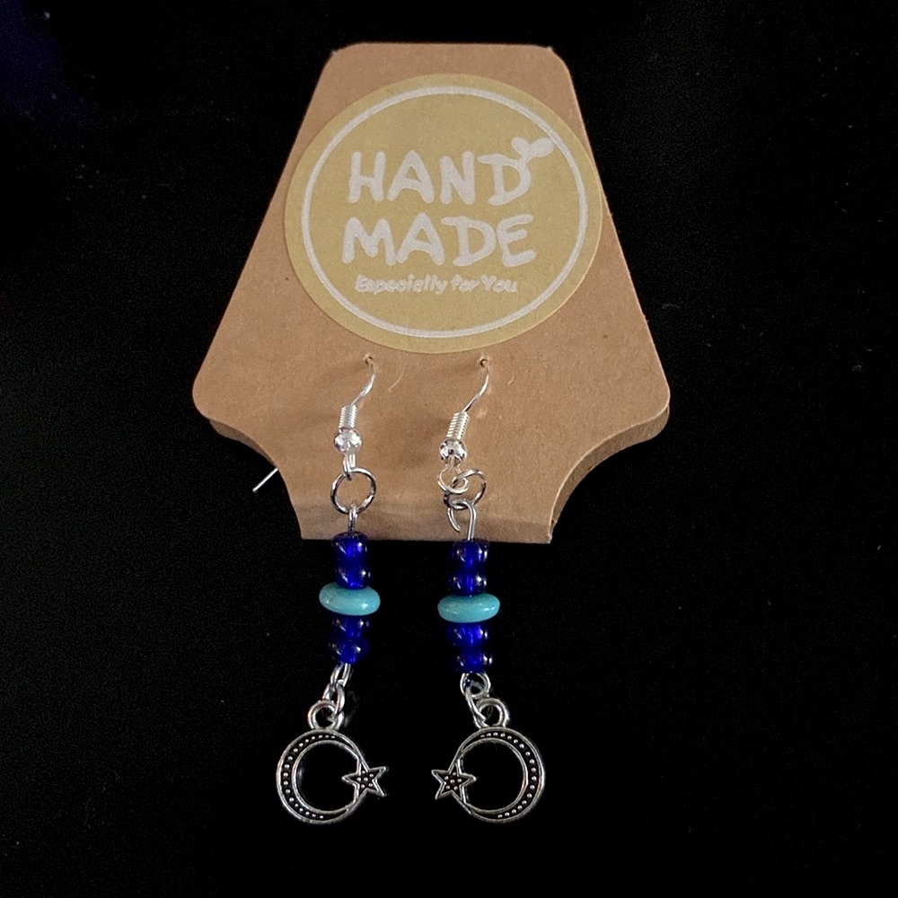 *SOLD* Custom Moon & Stars Blue Two-Toned Sterling 925 Hook Earrings